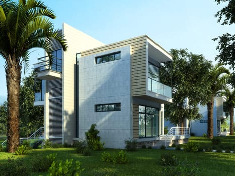 Modern building exterior with garden and trees.