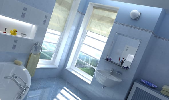 Contemporary bathroom. With windows and sun coming through.