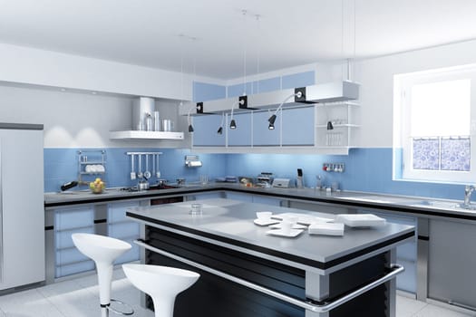 Modern kitchen with isle with stools and dishes and mugs.
