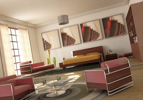 Open space modern bedroom livingroom.
