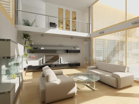Modern livingroom with large windows.