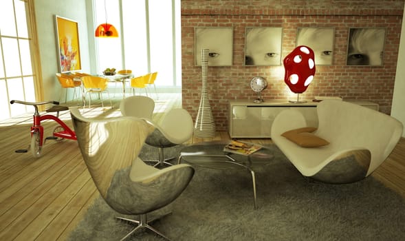 Modern livingroom, warm atmosphere, very stylish, with wooden floor and a re tricicle on a side.