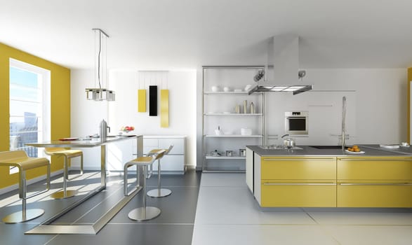 Modern white and yellow kitchen with isle and table.