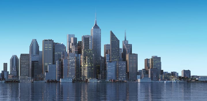 Cityscape generic with modern buildings and skyscrapers on water. Early morning, or late afternoon light.