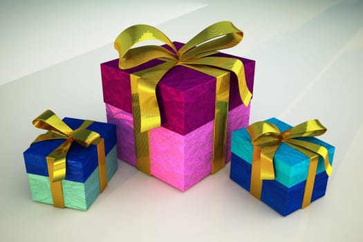 Three gifts with golden ribbons