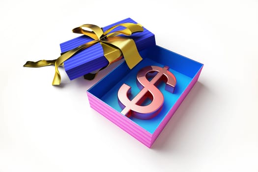 Opened gift box with golden ribbon, with the american dollar symbol inside, on white surface.