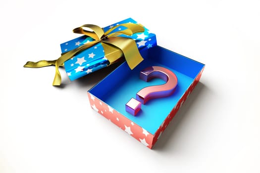 Opened gift box with golden ribbon, with a question mark symbol inside, made of red plastic. On white surface.