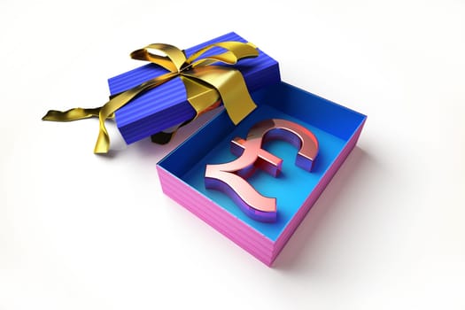 Opened gift box with golden ribbon, with the sterling pound symbol inside, on white surface.