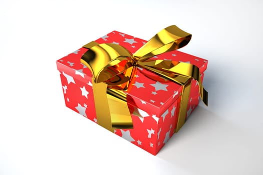 Gift box, red with golden stars and golden ribbon.