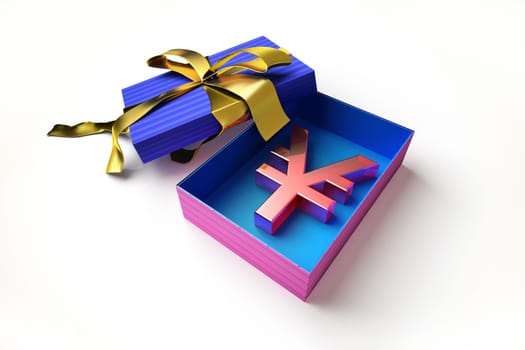 Opened gift box with golden ribbon, with the yen symbol inside, on white surface.