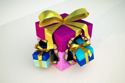 Gift box with two smaller gifts blowing out from it.