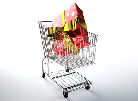 3D digital rendering of a supermarket trolley, with a huge gift inside, on neutral background. Clipping path included.