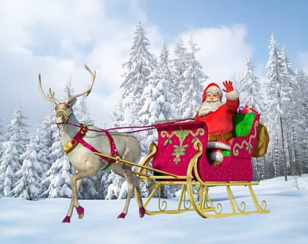 Santa Claus on his sleigh and reindeer on snow, with snow capped trees on background.