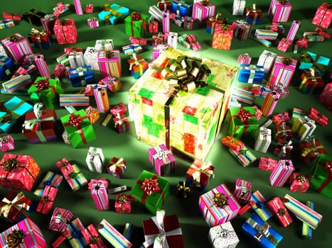 Group of many gifts, with a big central luminous gift.