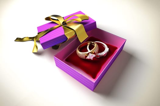 Opened gift box with golden ribbon, with two precious rings, on a red pillow inside.