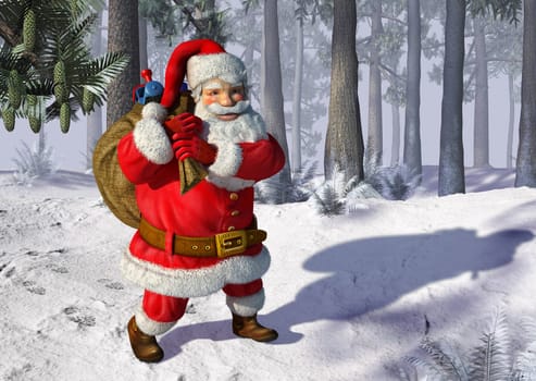 Illustration of Santa Claus walking on snow, with trees in the background.