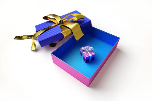 Opened gift box with golden ribbon, with another very small gift inside, on white surface.