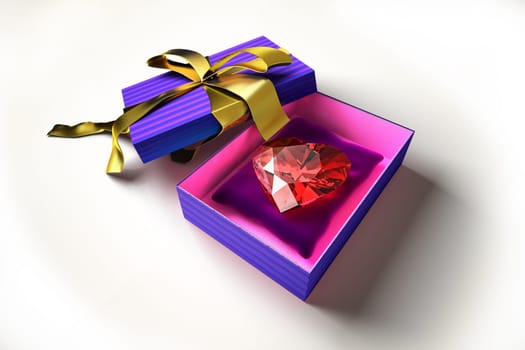 Gift package, with ribboned open cup, with a shiny heart inside, on a white surface.