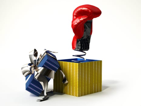 Boxing glove coming out from a gift box, with the cup with silver ribbon, on a side. A kind of fake gift, for joke.