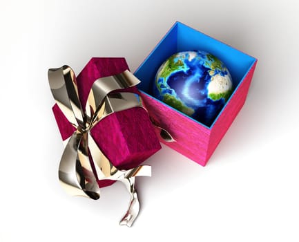 Gift package, with ribboned open cup, with planet earth inside, viewed from above. Conceptual image.