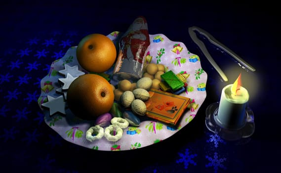 Decorated Christmass dish with fruits and sweets, besides a candle