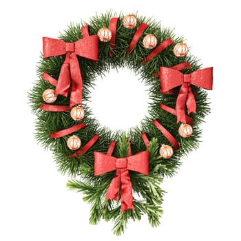 Christmas and new year decoration, made by circular fir twig, ribbons and balls. Clipping path included.