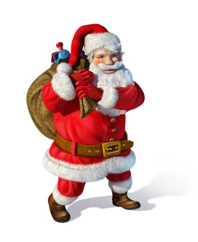 Santaclaus standing with bag behind his shoulders, with toys inisde. On white background.