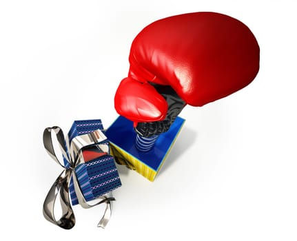 Aerial view of a Boxing glove coming out from a gift box, with the cup with silver ribbon, on a side. A kind of fake gift, for joke.