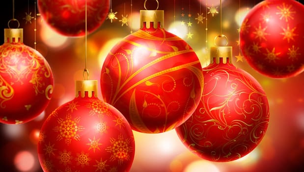 Christmass red/yellow abstract background with big decorated red balls in foreground.