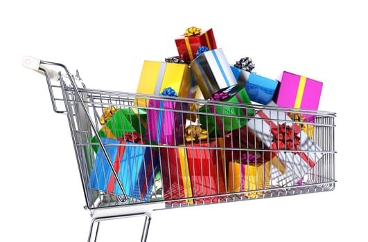 Supermarket trolley full of multicolored gifts. Side view, on white background. Clipping path included.