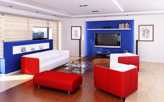 Living room modern style. With red andwhite chairs and sofà.