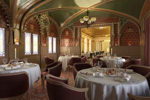Old antique restaurant interior, with decorations and set up tables.