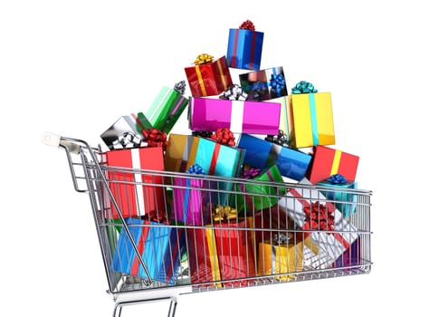 Supermarket trolley full of many multicolored gifts. Side view, on white background. Clipping path included.