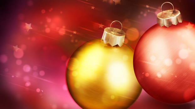Christmass red abstract background with closeup of two balls in the foreground.