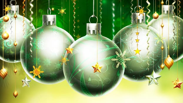 Christmass abstract green/yellow background with big silver/green decorated balls in foreground.