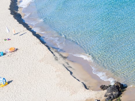 sardinia solitary beach. Lonely beach  in green coast beach in sardinia - Arbus - Is Arenas, with drone image - aerial view
