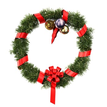 Christmas and new year decoration, made by circular fir twig, ribbon and balls. Clipping path included.