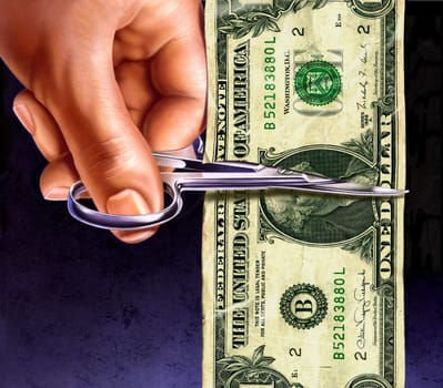 one dollar note being cut by scissors in hand