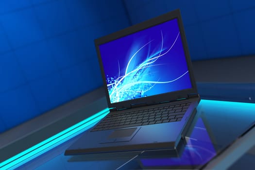 Laptop on a glass table, with blue lighting and background.