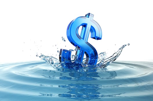 us dollar sign falling into water with splash