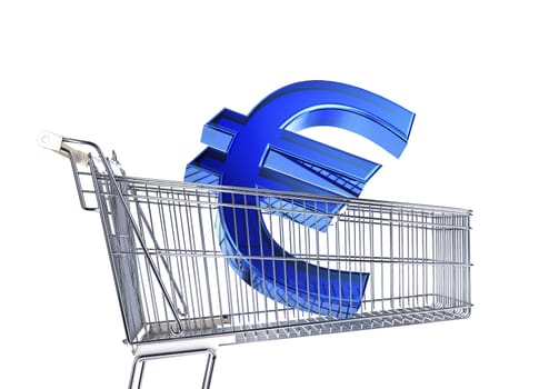 Supermarket trolley with big Euro sign inside it. Side view on white background.