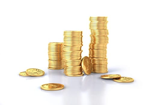 Gold dollar coins stacks and a few lose on a white surface, slightly reflective. White background.