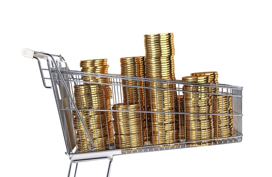 Supermarket trolley full of very big golden coins stacks. Side view on white background.