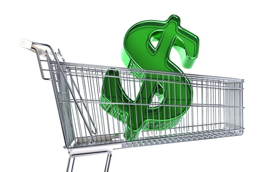 Supermarket trolley with big Dollar sign inside it. Side view on white background.
