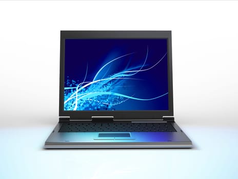 Laptop viewed from the front. With blue screen and abstract graphics.