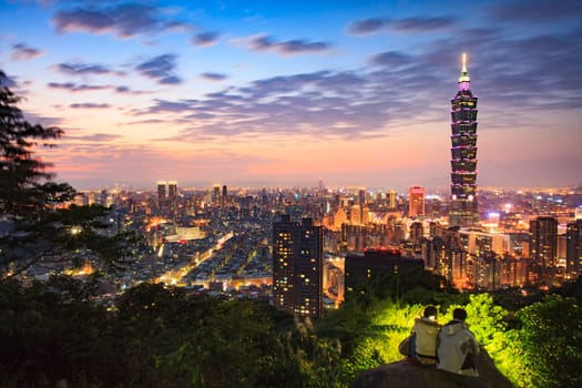The Taipei, Taiwan city skyline at twilight.