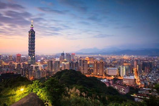 The Taipei, Taiwan city skyline at twilight.