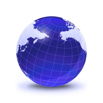 Earth globe stylized, in blue color, shiny and with white glowing grid. On white surface with dropped shadow. Indian Ocean view.