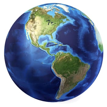 Earth globe, realistic 3 D rendering. Americas North and south view. On white background.