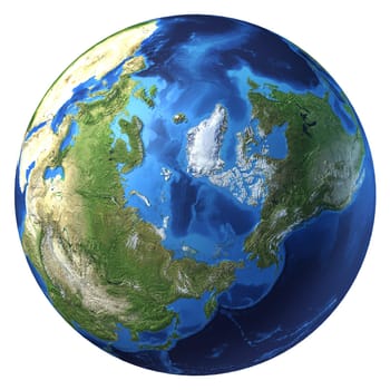 Earth globe, realistic 3 D rendering. Arctic view (North pole). On white background.